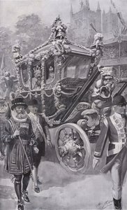 Koning Edward VII en koningin Alexandra in de staatskoets terugkerend van hun kroning in Westminster Abbey, Londen door Charles Mills (after) Sheldon