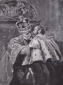 Koning Edward VII omhelst zijn zoon, de Prins van Wales, bij de kroning van de koning, Westminster Abbey, Londen