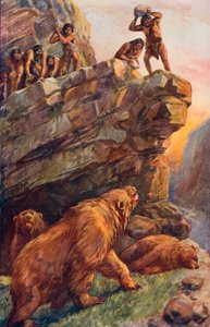 Prehistorische mannen die de grote holenberen aanvallen