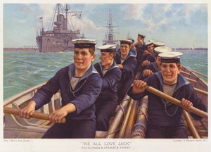Matrozen van HMS Triumph roeien door een haven (kleurenlitho)