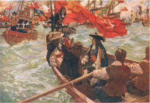 De thuiskomst van Charles II, uit Cassells History of the British People uitgegeven door de Waverley Book Company Limited, ca.1940 (kleurenlitho)