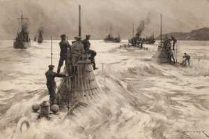 Nieuwe Britse onderzeeërs verlaten Milford Haven (Engeland), om in actie te komen. Tekening en gewassen (30.4x45.5 cm) door Charles M. Padday () , begin 20e eeuw.