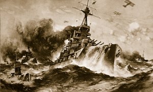 Het Britse Battle Squadron op volle snelheid in de smalle zeeën (litho)