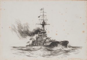 Het Britse schip Iron Duke. Tekening (25,5x36,8 cm) door Charles M. Padday () , begin 20e eeuw.