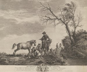 Een ongeluk tijdens het reizen, een knielende man die een gebroken zadel repareert, een paard dat plast