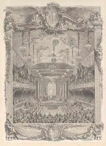 Decoratie van de theaterzaal gebouwd in Versailles voor de voorstelling door Charles Nicolas Cochin