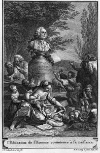 Menselijke opvoeding begint bij de geboorte. Frontispice (1782) door Jean Jacques Rousseau gegraveerd door Robert Delaunay de jonge (1749-1814) naar een tekening (1780) door Charles Nicolas Cochin de jonge (1715-1790) met de buste van de schrijver.