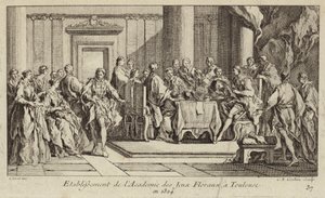 Oprichting van de Academie des Jeux Floraux, de oudste literaire vereniging in de westerse wereld, Toulouse, Frankrijk door Charles Nicolas II Cochin