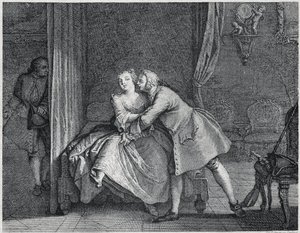 De oorwerkmaker en de malrek illustratie voor Les contes de La Fontaine, circa 1743. Gravure door Charles-Nicolas Cochin door Charles Nicolas II Cochin