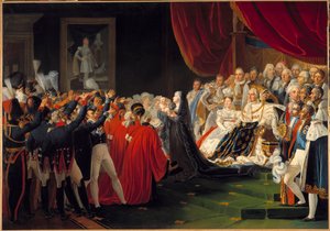 De hertogin van Berry presenteert haar zoon de hertog van Bordeaux aan het volk en het leger door Charles Nicolas Raphael Lafond