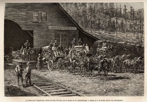 Het Reno-station, om het ticket naar Virginia City (Nevada) te nemen, op de Central Pacific Railway (Central Pacific), gegraveerd naar de tekening van O. de Penne, ter illustratie van de reis van Washington naar San Francisco, in 1868, door L. Simonin, gep