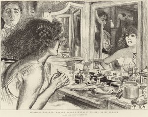 Madame Sarah Bernhardt in haar kleedkamer (litho)