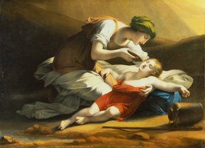 Hagar geeft Ismaël water uit de wonderbaarlijke bron in de woestijn