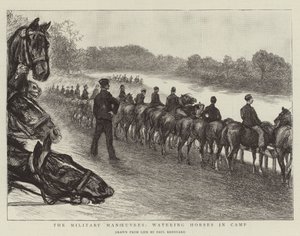 De militaire manoeuvres, paarden water geven in het kamp