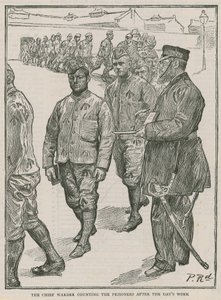 De hoofdopzichter telt de gevangenen na een dag werk