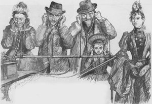 Bezoekers van de Parijse tentoonstelling luisteren naar de fonograaf