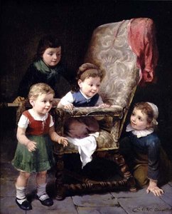 Kinderen spelen rond een stoel door Charles Petit