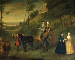 Dames en hofdames in Greenwich Park: Een groepsportret van Juliana, hertogin van Leeds, Lady Charlotte Hamilton, Lady Isabella Tufton en Henrietta, gravin van Pomfret, allen in rijgewoonten, met stalknecht en paarden voor het observatorium, 173