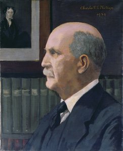 William Henry Bragg (1862-1942) met een afbeelding van Michael Faraday (1791-1867) op de achtergrond, 1939