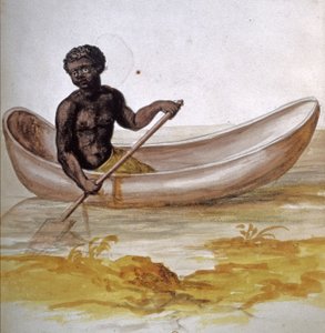 Jonge neger in een kano in het Caribisch gebied, circa 1686 (aquarel)