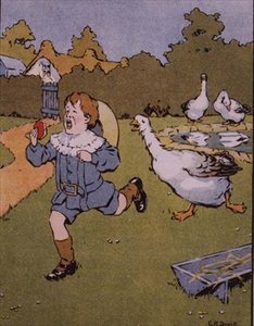 De gans jaagt Georgie die plaagt, uit `Georgie Porgy