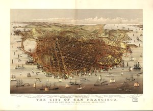 De stad San Francisco. Vogelperspectief vanaf de baai kijkend naar het zuidwesten door Charles R. Parsons