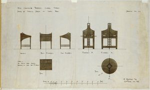 Ontwerpen voor schrijftafels getoond in voor- en zijaanzichten, voor de Ingram Street Tea Rooms, 1909 door Charles Rennie Mackintosh