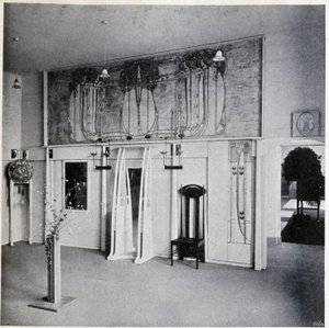 Interieur van een decoratieve kunstsalon in Wenen, circa 1900 (decor en meubels door Charles Rennie en Margaret MacDonald Mackintosh) door Charles Rennie Mackintosh