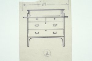 Lijntekening van meubel (een bank met geschilderde panelen), ca. 1910 door Charles Rennie Mackintosh