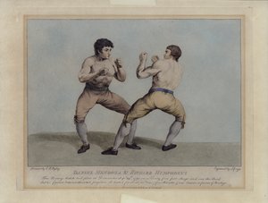 Engelse prijsvechters Daniel Mendoza en Richard Humphreys bij hun bokswedstrijd op 29 september 1790 (gravure) door Charles Reuben (after) Ryley