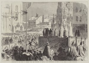 Kroning van de koning van Hongarije, de koning zweert de grondwet te handhaven voor de kerk in Pesth