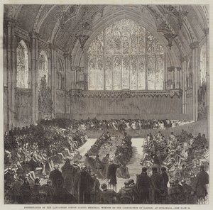 Presentatie van het Lancashire Cotton Famine Herdenkingsraam aan de Corporation of London, in Guildhall door Sir John Charles Robinson