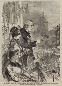 De Midlothian Verkiezing, Mr. Gladstone die de menigte toespreekt vanaf het balkon van het huis van Lord Rosebery, in George-Street, Edinburgh, acht uur 
