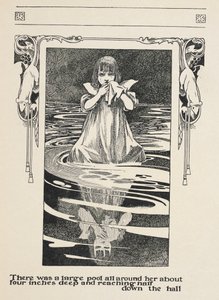 Er was een grote poel om haar heen van ongeveer vier centimeter diep en reikte halverwege de hal. Alice huilt in de poel van tranen. door Charles Robinson