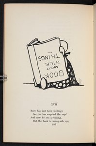 XVII. Een rijm. Een kind leest een boek ondersteboven. door Charles Robinson