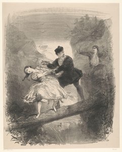 Balletscène met man en vrouw boven afgrond