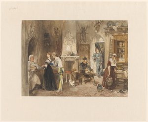 Bedienden van een kasteel in een voorvertrek verenigd
