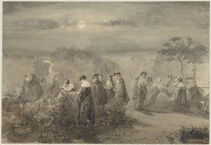 Gezelschap van dames en heren in een door de maan beschenen hof met rozenstruiken door Charles Rochussen