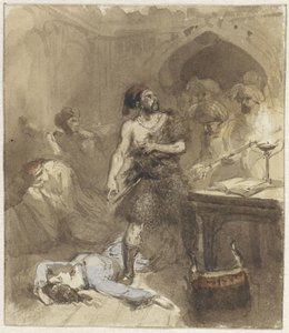 Man en op de grond liggende vrouw in een Moors vertrek door Charles Rochussen