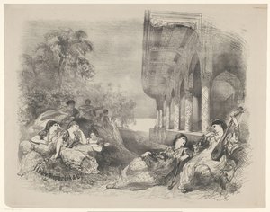 Scène uit toneelstuk met oosterse vrouwen door Charles Rochussen