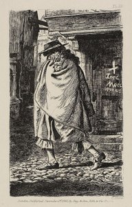 Een gehulde figuur die door de straat loopt (ten tijde van de pest in Londen)