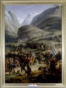 Het Franse leger in het dorp Saint Pierre voor de oversteek van de Saint Bernard pas - door Charles Thévenin, olieverfschilderij, begin 19e eeuw. door Charles Thevenin