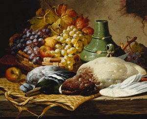 Een Wilde Eend en een Houtduif met een Mandje Appels en Druiven op een Houten Rand