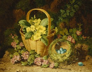 Sleutelbloemen in een mand, japonica en een vogelnest