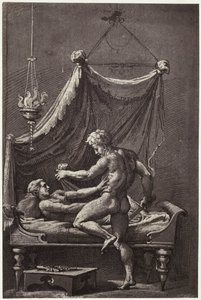 Fotoreproductie van een tekening van Perino del Vaga, De verkrachting van Lucretia