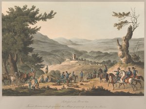 Nr. 5  Sabugal aan de rivier de Coa. Op de voorgrond Franse wachtposten; de geallieerden maken zich klaar om de rivier over te steken.