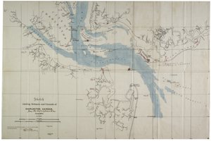 Schets met verdedigingswerken en kanalen van de Haven van Charleston, juni 1864 door Charles V. Bartelle