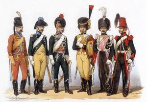 Kostuums van het Franse leger: Lancers g-d: 1745 file jager (onder Louis XV); 1785 onder Louis XVI; 1794 republiek; 1810 keizerlijke garde (1e rijk); 1824 koninklijke garde (restauratie); 1840, tekening door Charles Vernier (1831-1887) door Charles Vernier