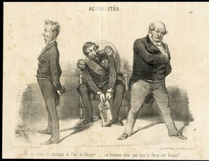 Illustratie door Charles Vernier (? -1887) in Le Charivari - President van de Republiek, Ministerie, Armstoel (symbool van macht) - Napoleon III, Barrot Odilon (1791-1873), Minister, Faucher Leon (1803-1854) door Charles Vernier