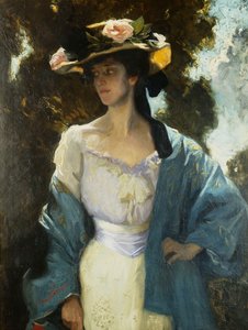 Portret van Frances Josephine Furse, de schoonzus van de kunstenaar in een blauwe oosterse jas, 1903 door Charles Wellington Furse